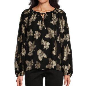 Tommy Bahama Peasant Top Women's Size XL Black Shimmering Jacquard Print Boho